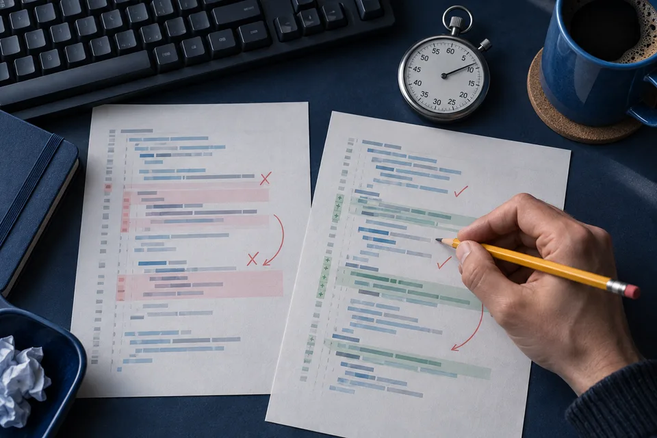 AI editorial still life of code review sheets, a pencil and a stopwatch; no measured experiment is depicted