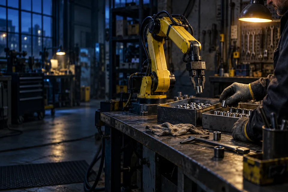 AI concept illustration of a robot arm and a human operator at an imagined workbench