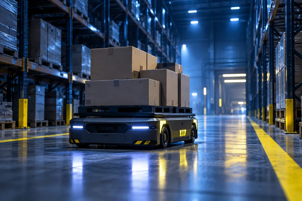 AI illustration of a fictional mobile service robot moving through a modern building